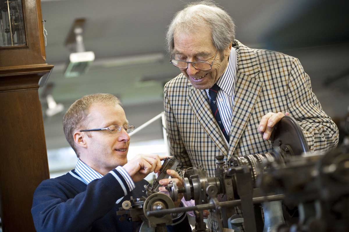 Roger Smith with George Daniels in his workshop on the Isle of Man